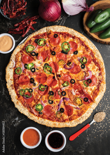 Top view of a delicious pizza with vegetables and sauces on a table