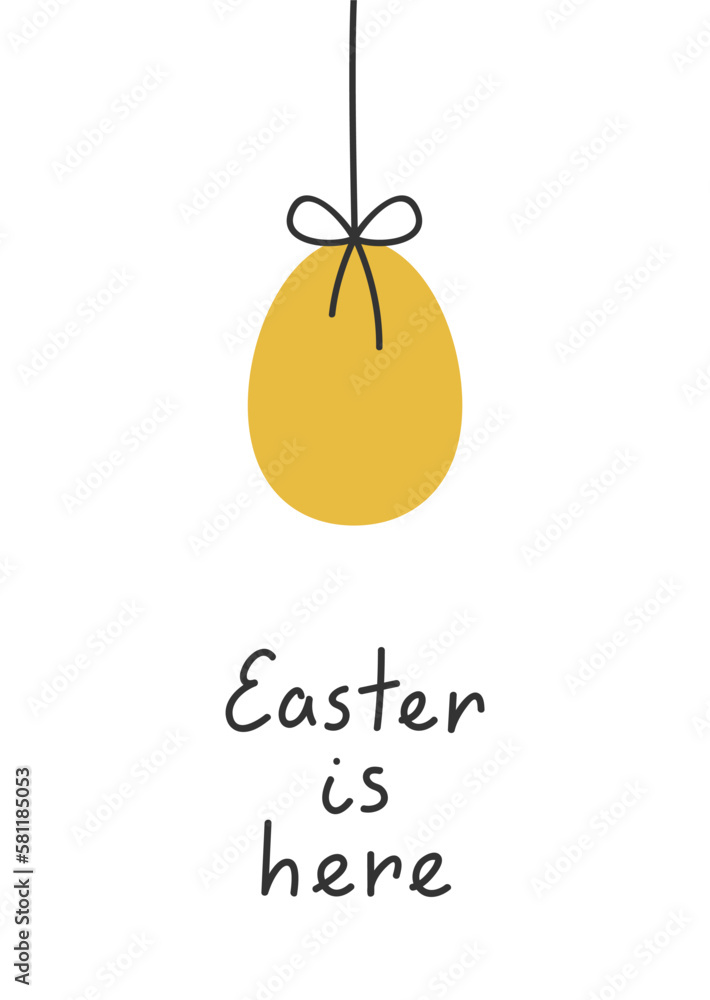 Hand drawn cute cartoon illustration of Easter egg on the thread. Flat vector spring greeting card in colored doodle style. Hanging pysanka postcard template. Easter is here lettering. Isolated. Hand drawn cute cartoon illustration of Easter egg on the thread. Flat vector spring greeting card in colored doodle style. Hanging pysanka postcard template. Easter is here lettering. Isolated.