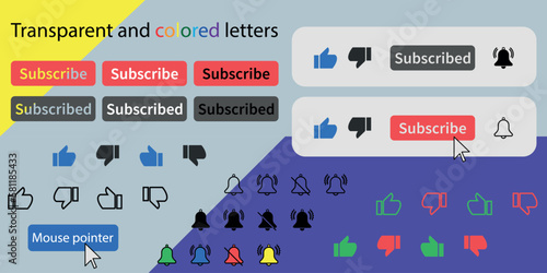 A subscribe button for social networks. Like, disliked, and notification bell. The mouse pointer is pointed at the subscribe button. The shapes are transparent and filled in.