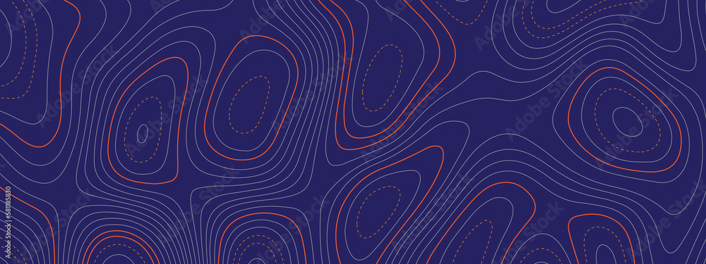 Blue, orange wavy abstract topographic map contour, lines Pattern background. Topographic map and landscape terrain texture grid. Wavy banner and color geometric form. Vector illustration.