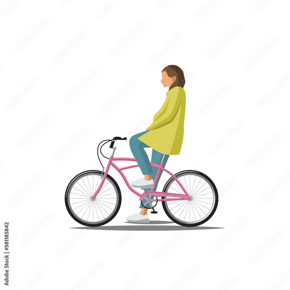 Fototapeta premium Young lady stopped on a bike flat vector illustration on white background