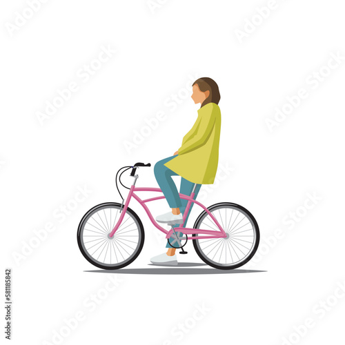 Young lady stopped on a bike flat vector illustration on white background