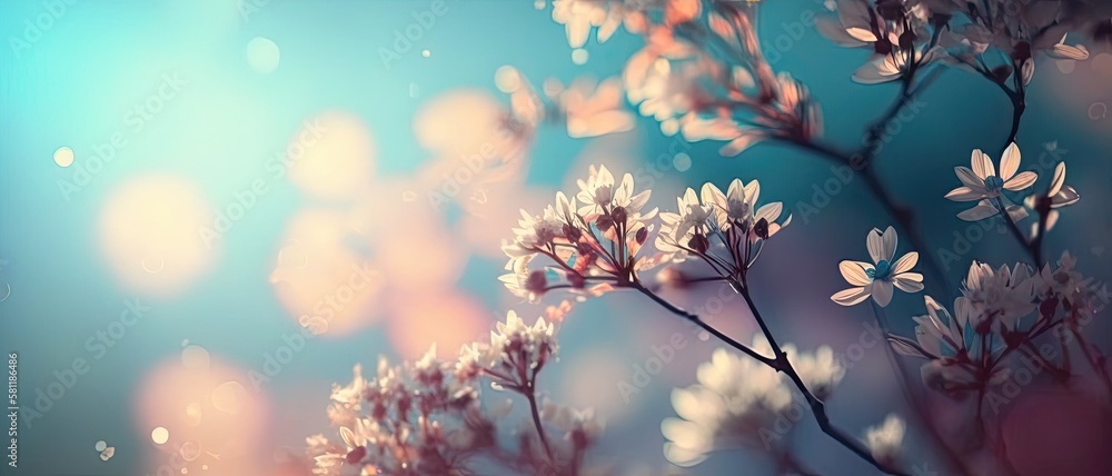 Blooming flowers of spring background with defocused abstract light - generative AI, generative, AI
