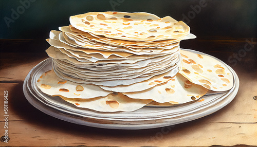 Golden-brown flatbreads stacked on a dark background, with hints of char marks and steam rising from the freshly cooked bread, generative ai photo