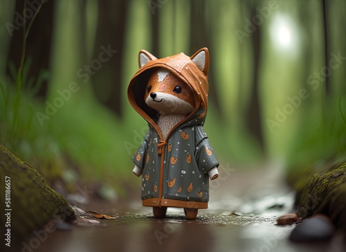 Cute fox figurine with raincoat in the forest. Generative AI. photo