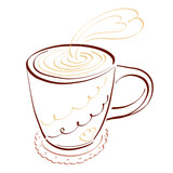 brown cup of hot drink with heart shaped steam on plate, outline on white background