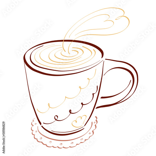 brown cup of hot drink with heart shaped steam on plate  outline on white background