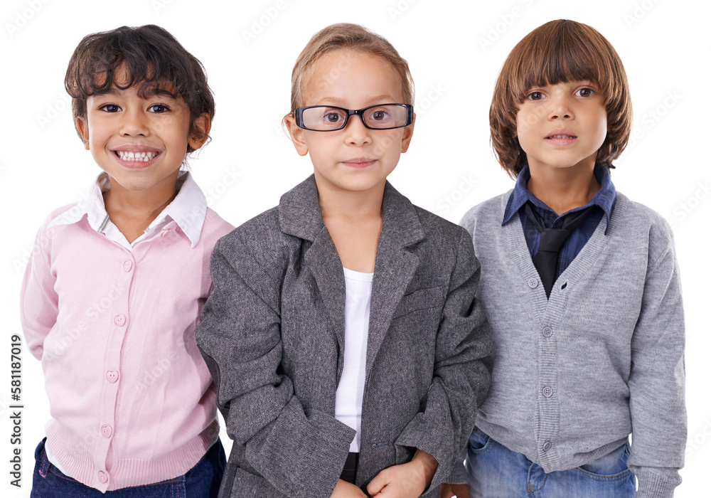 Miniature versions of their grown up selves. Three young children dressed up as grown-ups. Miniature versions of their grown up selves. Three young children dressed up as grown-ups.