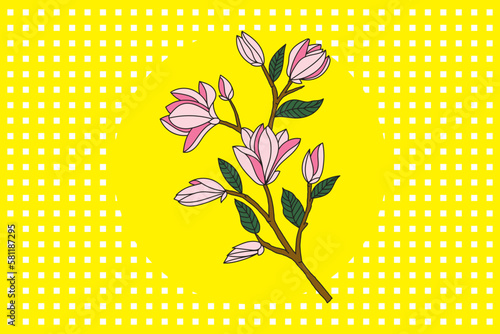 Illustration of Verbanica Saucer Magnolia flower are blooming on yellow circle and yellow dot background. photo