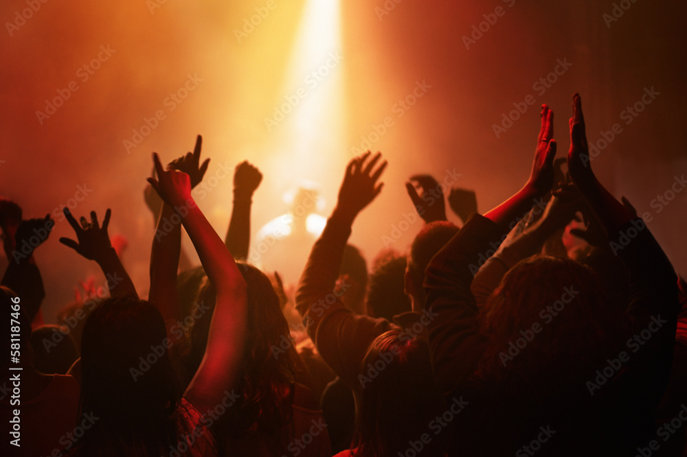 Raise your hands if you love music. adoring fans at a rock concert. Raise your hands if you love music. adoring fans at a rock concert.