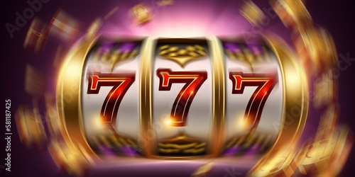 Casino banner, slot machine with 777 symbols and golden coin. Generation AI
