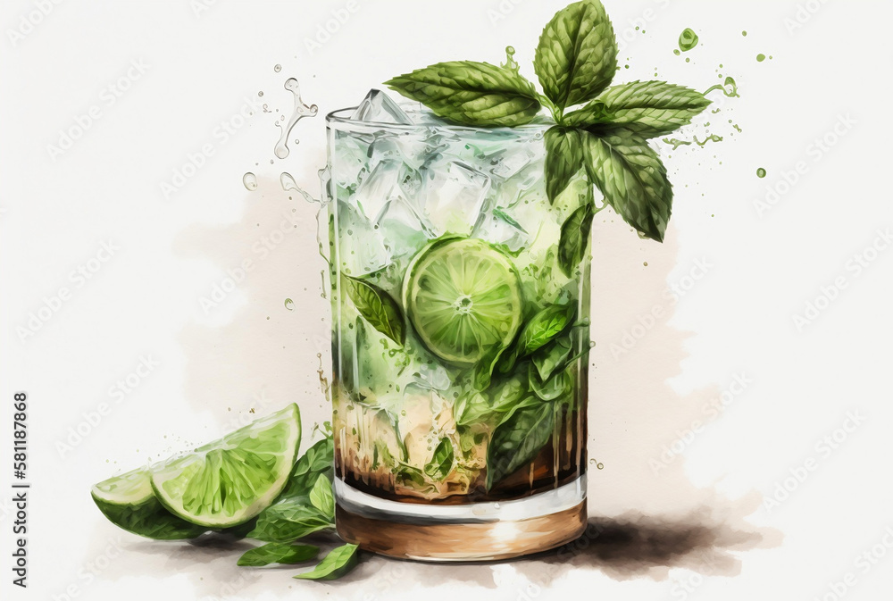 Mojito cocktail with lime, lemon and mint in a glass. Painting, watercolor drink. Fresh summer cocktail illustration. Generative AI Mojito cocktail with lime, lemon and mint in a glass. Painting, watercolor drink. Fresh summer cocktail illustration. Generative AI