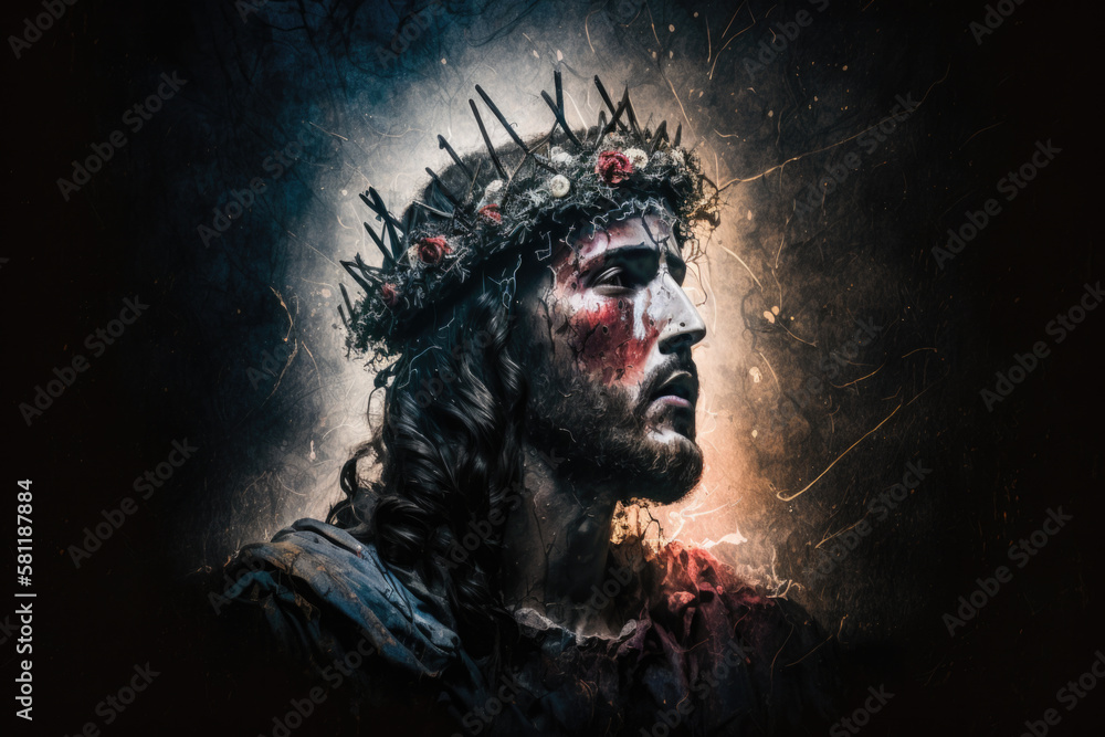 Jesus Christ wearing crown of thorns Passion and Resurection. Easter card, Good Friday. Generative AI