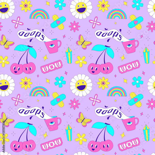 Seamless pattern with y2k style elements. Acidic vivid neon colors. Bright youth pattern with 90s symbols. Cherry, smiling daisy, rainbow, butterfly flowers. Vector illustration on lilac background