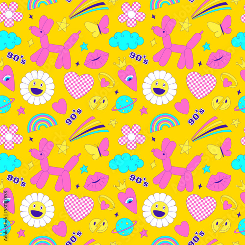 Seamless pattern with y2k style elements. Acidic vivid neon colors. Bright youth pattern with 90 s characters. Inflatable dog balloon, daisy, rainbow, kiss. Vector illustration on yellow background