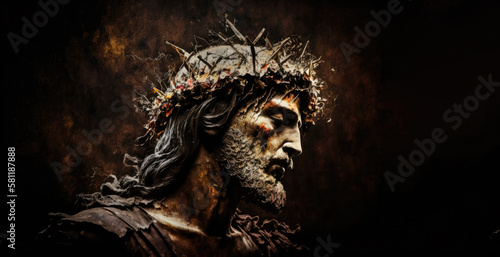 Jesus Christ wearing crown of thorns Passion and Resurection. Easter card, Good Friday. Generative AI