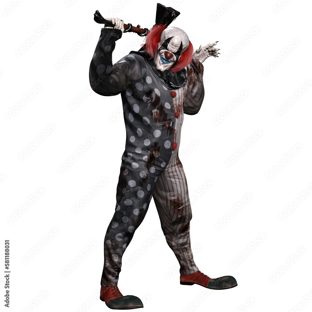 A 3d rendered scry clown holding a hammer isolated on a white background. HWWO Stock A 3d rendered scry clown holding a hammer isolated on a white background. HWWO Stock