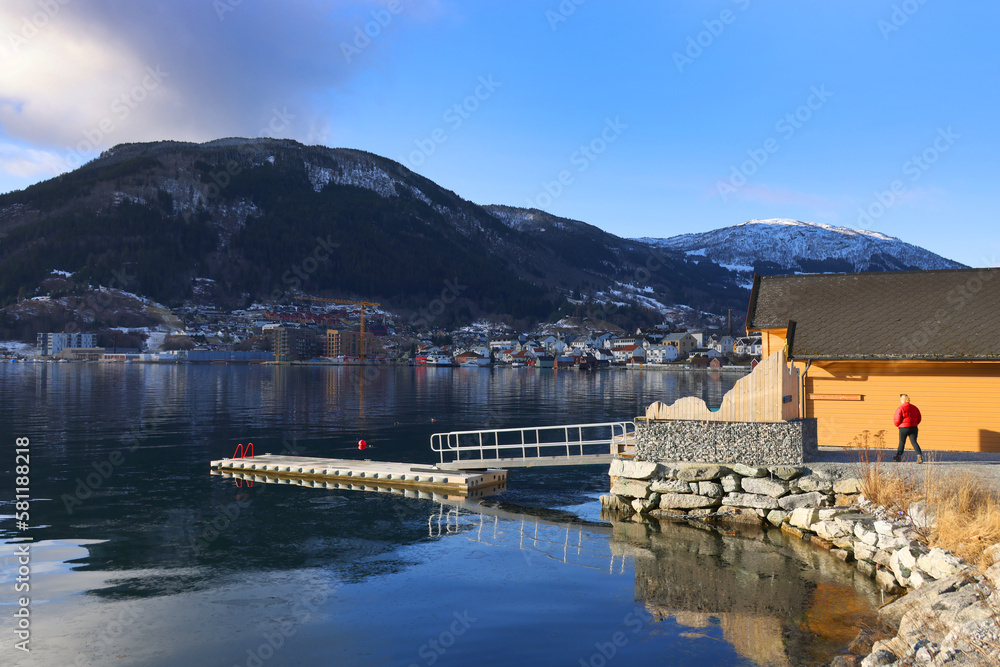 Fototapeta premium Image of Sogndalsfjora city on the shores of Sogndal Fjord in Norway, Europe 