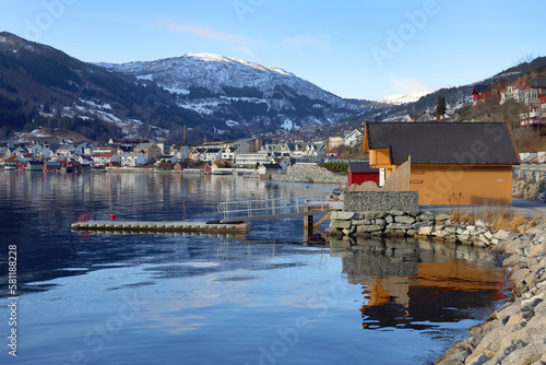 Image of Sogndalsfjora city on the shores of Sogndal Fjord in Norway  Europe 