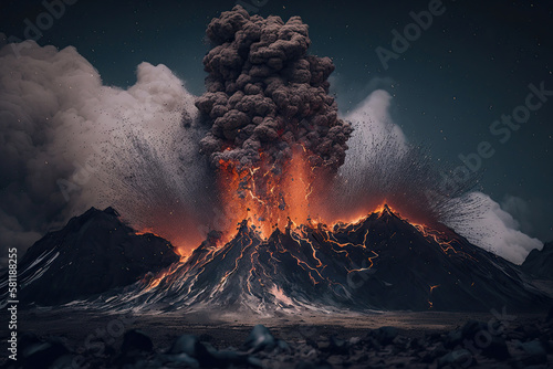 Volcanic eruption with flowing lava and ash emission. Natural disaster. Dramatic landscape with active volcano. Created with Generative AI