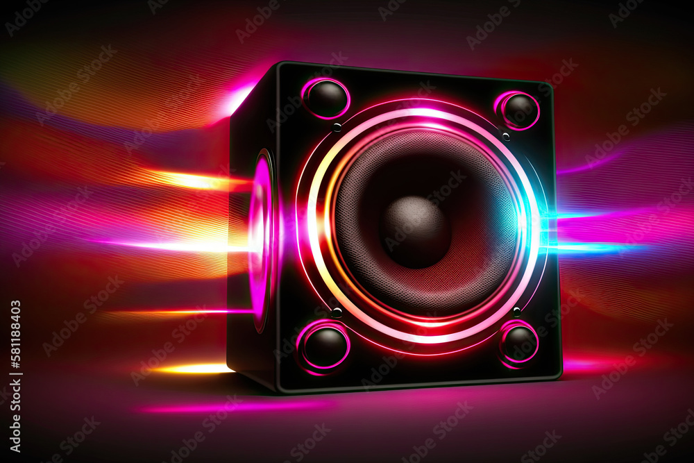 Sound speakers on dark background with neon lights. Set for listening music. Glowing audio equipment. Created with Generative AI Sound speakers on dark background with neon lights. Set for listening music. Glowing audio equipment. Created with Generative AI