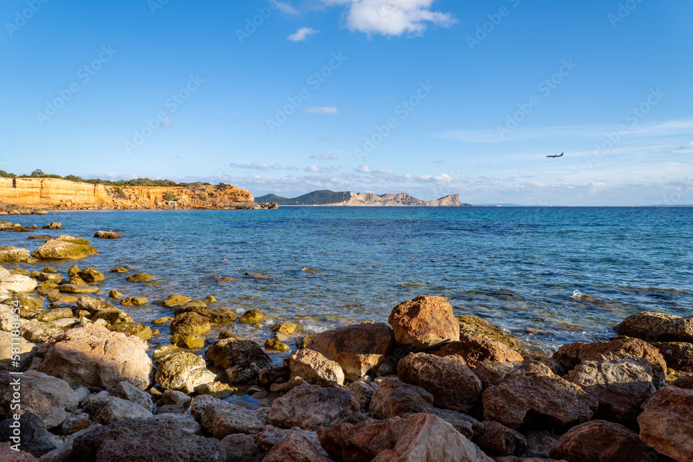 Sa Caleta beach on the island of Ibiza, in the evening light, without people.