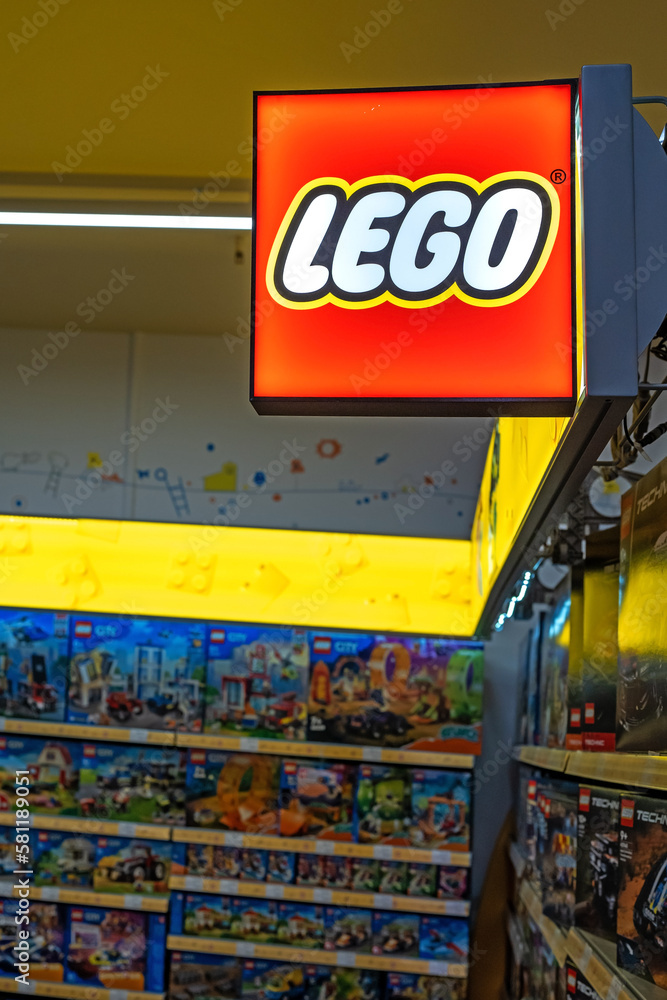 A sign with the Lego logo. Lego toys are sold in a supermarket. Minsk,  Belarus, 2023 Stock Photo | Adobe Stock
