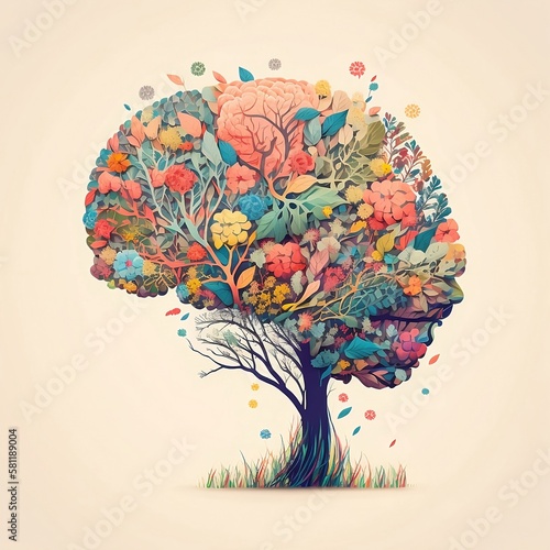 Human brain as a tree filled with colorful flowers. Generative AI