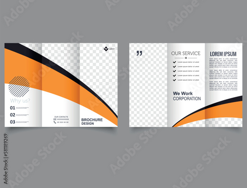Trifold brochure with yellow waves. Vector editable template. For business.