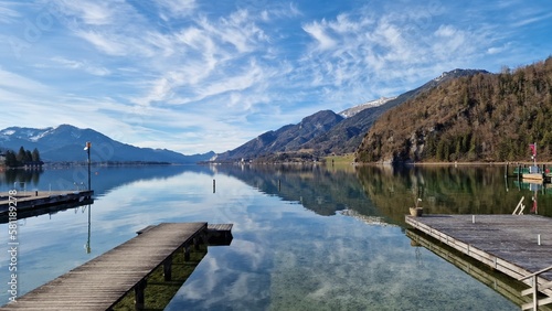 Lake Wolfgangsee in Strobl. Sunny day with some clouds.