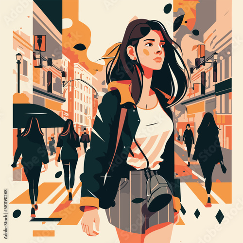 Beautiful teenage girl on a street, Vector flat illustration EPS 10.