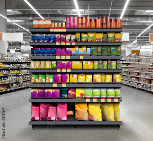 Pets Food on shelf in supermarket

Suitable for presenting new planogram and new design packaging among many others.
