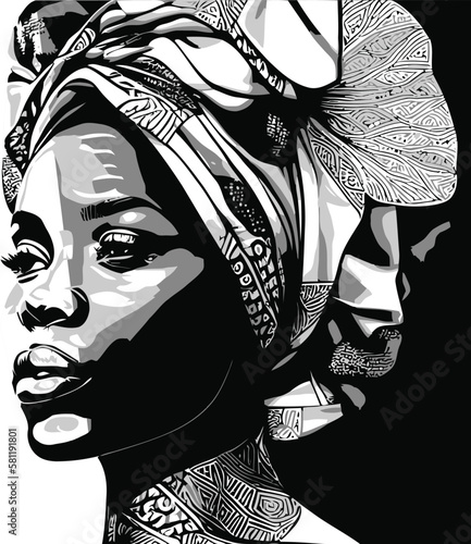 Fotografie, Obraz abstract african american woman wearing turban with african pattern