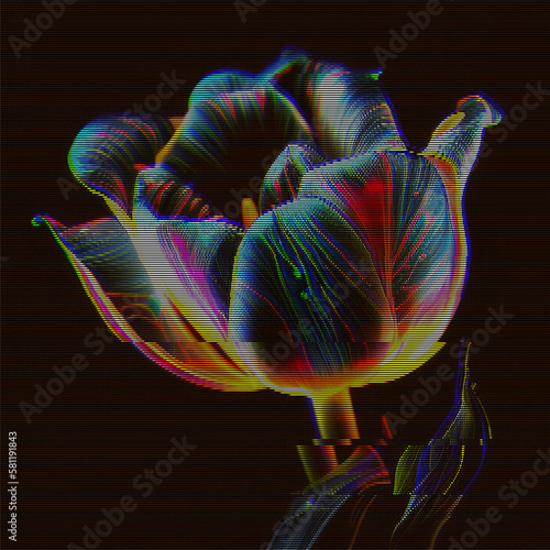 Glitched glowing neon tulip. Abstract glitch background. Cyberpunk wallpaper in a style of 80's. Futuristic concept. EPS 10. Creative graphic design for poster, brochure, flyer and card.