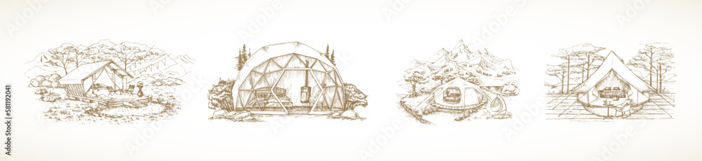 Glamping Recreation Illustrations Set. Hand Drawn Comfortable Outdoor Tent Landscape Scenery Bundle. Glamour Modern Nature Rest Sketch Emblems Collection Isolated