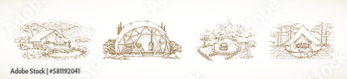 Glamping Recreation Illustrations Set. Hand Drawn Comfortable Outdoor Tent Landscape Scenery Bundle. Glamour Modern Nature Rest Sketch Emblems Collection Isolated
