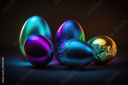 Colorful Easter eggs in holographic colors on the dark studio background. Easter Holiday. Generative ai. 