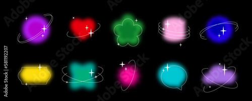 Blurry vector template shapes set with y2k aura brutalism effect and linear orbits with stars. Colorful contemporary decorative elements collection Trendy distressed abstract banners bundle. Isolated