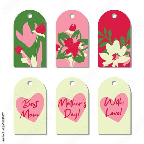 Mother's day stylish tag set with abstract flowers in red, pink and green. Vector illustration. Gift tag collection with hand drawn elements for print.
