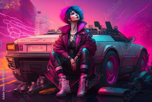 Beautiful Cyberpunk Woman sitting in a car   Cyberpunk backgrounds/wallpapers/images   © Skrotaa