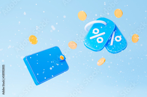 3d blue coupons with wallet and balls with blur effect on light background. For promotion, marketing and advertising in social networks. 3d rendering.