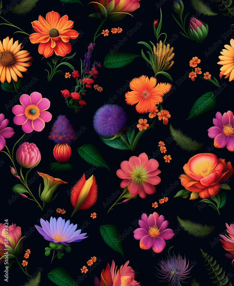 Wallpaper of luxury floral patten with many spring flowers. Pattern rapport seamless of beautiful garden flowers and leaves in black background. Pattern mirrored for repeat background. Generative AI Wallpaper of luxury floral patten with many spring flowers. Pattern rapport seamless of beautiful garden flowers and leaves in black background. Pattern mirrored for repeat background. Generative AI