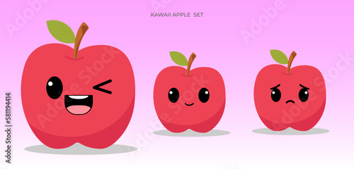 Red apple with kawaii eyes. Flat design vector illustration of a happy red apple
on pink background.