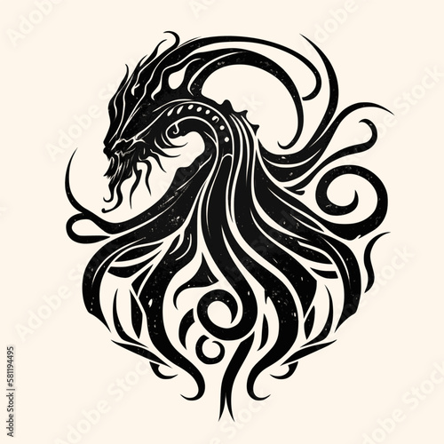 Black and White Kraken,Cthulhu,Octopus Silhouette Ornament Vector Art for Logo and Icon