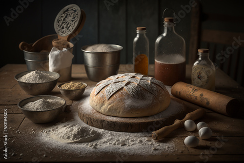 Rustic sourdough ciabatta bread with utensils and ingredients on a rustic hardwood table. Freshly baked artisan ciabatta bread, Created using generative AI tools.