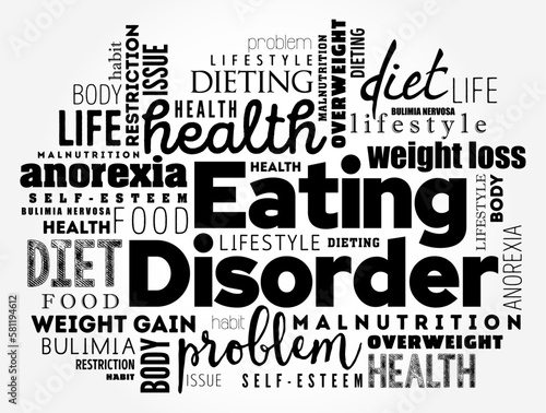 Eating Disorder is a mental disorder defined by abnormal eating behaviors that negatively affect a person's physical or mental health, word cloud concept background