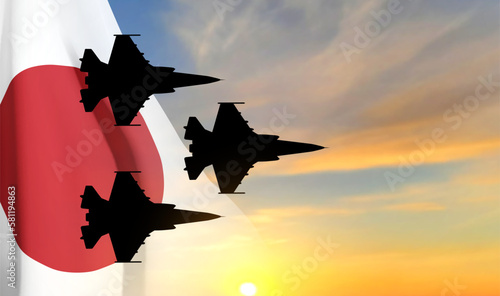 Silhouette of military aircraft against the sunset with Japan flag. EPS10 vector