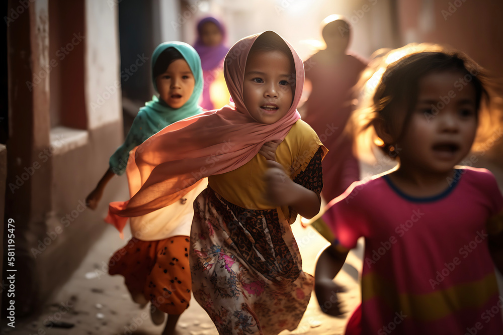 Fototapeta premium A group of children, dressed in colorful new clothes, run and play together while celebrating the joyous occasion of Eid al-Fitr.