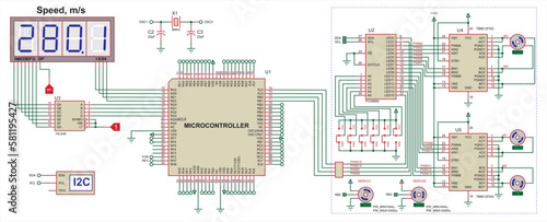 Schematic diagram of electronic device with motor 
operating under the control of a microcontroller.
Vector drawing electrical circuit with button, controller, lcd display
and electronic components.