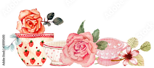 Banner decorativo con fiori e tazze  da colazione, illustrazione ad acquerello isolata su sfondo bianco